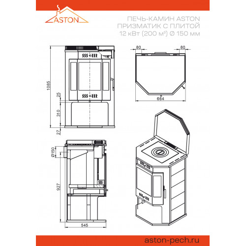 Печь-Камин ASTON (Астон) 12 кВт (200 м3) Призматик с плитой (Талькохлорит) (Астон)
